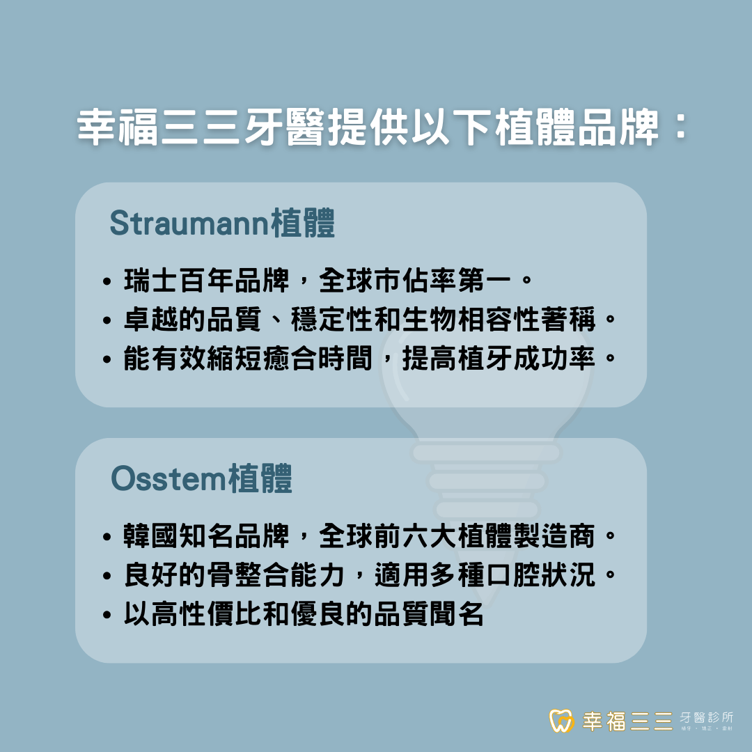 幸福三三牙醫提供品質保障的大廠牌植體，為您的植牙旅程提供穩固的基石